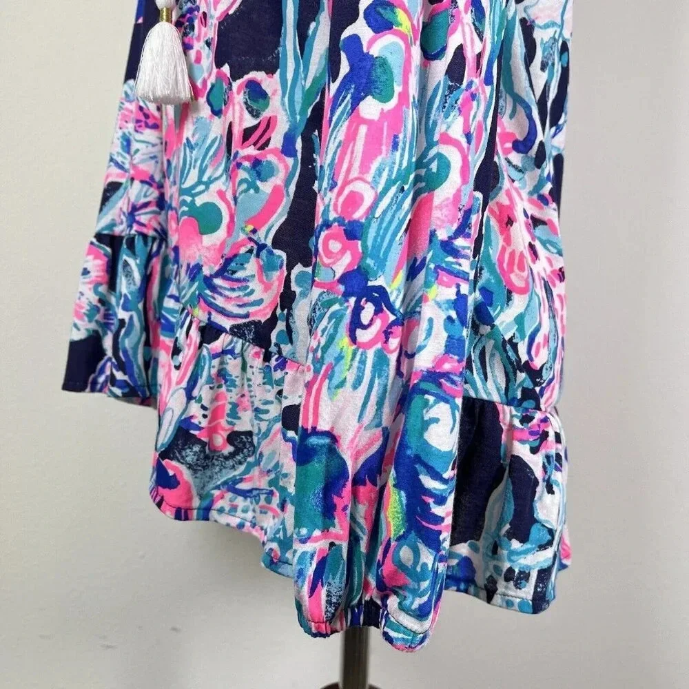 Lilly Pulitzer Top Blouse Size XS Blue Pink Long Sleeve Beach Tropical Fish - Picture 11 of 14